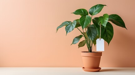 Houseplant in terracotta pot with blank tag