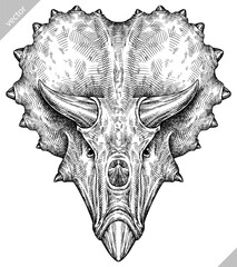Naklejka premium Vintage engraving isolated Triceratops set illustration reptile ink sketch. Dinosaur background silhouette Jurassic art. Black and white hand drawn vector image