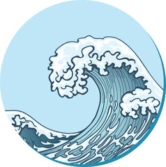 A dynamic illustration of a large, curling ocean wave with white foam, depicted within a circular frame