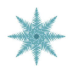 Vector illustration of a single detailed snowflake. Geometric symmetrical shape, icy blue and white tones, isolated on transparent background. Perfect for winter design, Christmas cards, seasonal deco