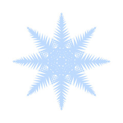 Vector illustration of a single detailed snowflake. Geometric symmetrical shape, icy blue and white tones, isolated on transparent background. Perfect for winter design, Christmas cards, seasonal deco