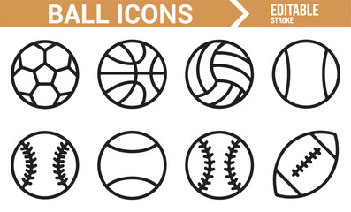 Fototapeta premium Clean Line Art of Different Sports Balls: Soccer, Volleyball, Football, Baseball Icons