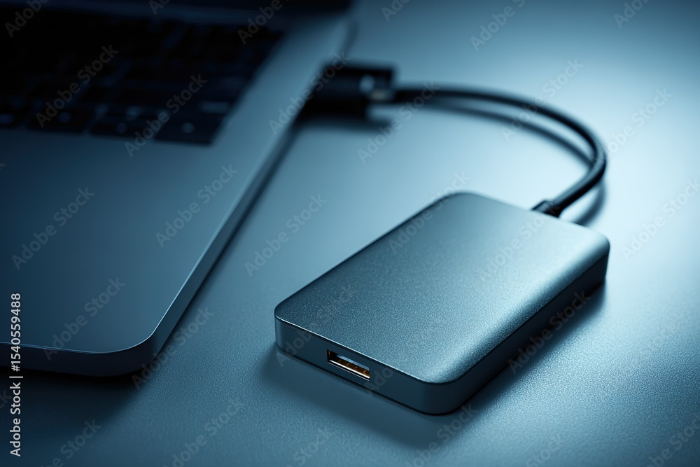 Poster external storage device connected to laptop on a sleek work desk in a low-light environment
