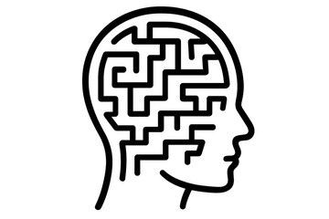 Human head profile with a maze inside, symbolizing the complexities of thought, problem-solving, and mental processes, on a transparent background