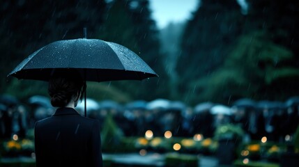A woman stands alone under an umbrella during a somber rainy ceremony