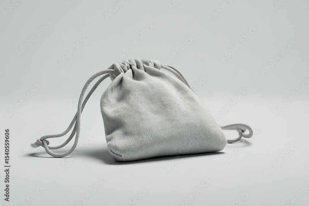 Poster gray fabric drawstring pouch sitting on a plain surface with a neutral background showcasing its min