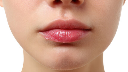 Obraz premium Close up view of a woman applying lip balm to chapped lips, emphasizing beauty and healthcare themes while set against a transparent background, highlighting skincare and hydration