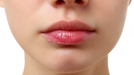 Close up view of a woman applying lip balm to chapped lips, emphasizing beauty and healthcare themes while set against a transparent background, highlighting skincare and hydration