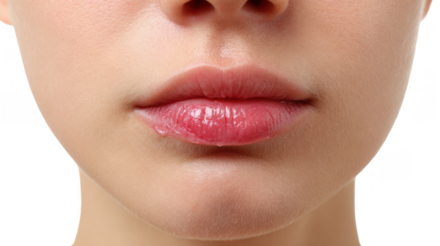 Close up view of a woman applying lip balm to chapped lips, emphasizing beauty and healthcare themes while set against a transparent background, highlighting skincare and hydration