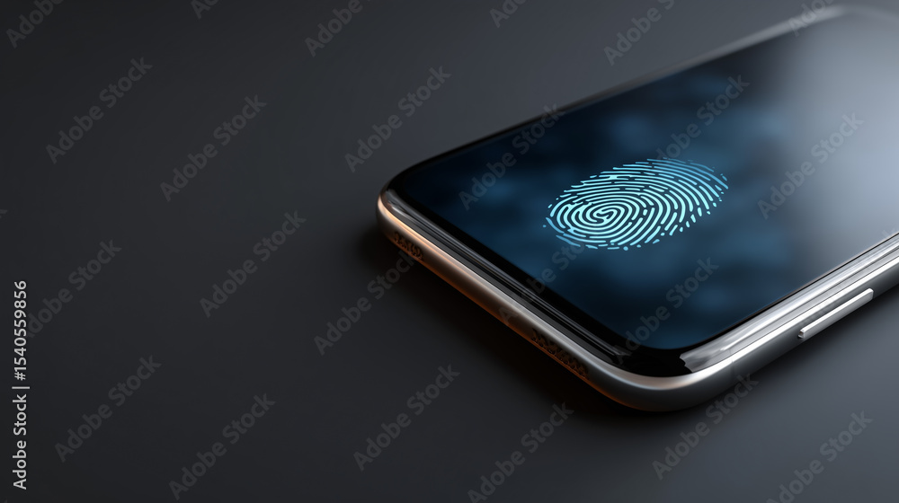 Poster close-up of smartphone screen featuring digital fingerprint recognition technology against a dark ba