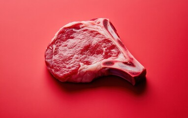 Obraz premium Top-down view of a raw pork chop on red background.