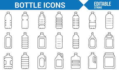 Collection of Bottle Icons for Water, Beverages, and Containers in Clear Vector Design
