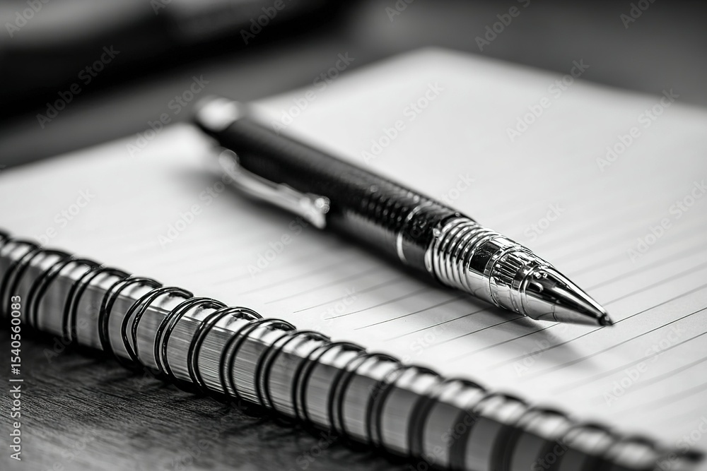 Poster black and white close-up of a pen resting on an empty spiral notebook on a wooden desk in a study se