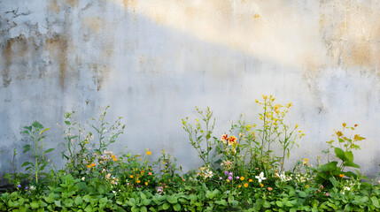 plantas y flores adornando una pared de cemento desgastado viejo y deteriorado 