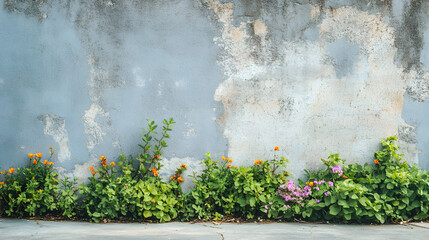 un muro desgastado de cemento viejo o concreto con plantas y flores decorativas en la parte de abajo diseño floral de jardin