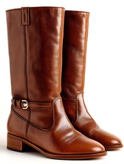 the photograph showcases a pair of leather boots with a polished finish. these boots are a light brown hue and stand upright, suggesting a sturdy construction