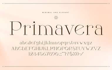 Minimal elegant font, glamor type, luxury typeface, royal english alphabet. Elegant alphabet numeral and punctuation symbols, minimal font typeset vector letters and digits or ABC figures and numbers