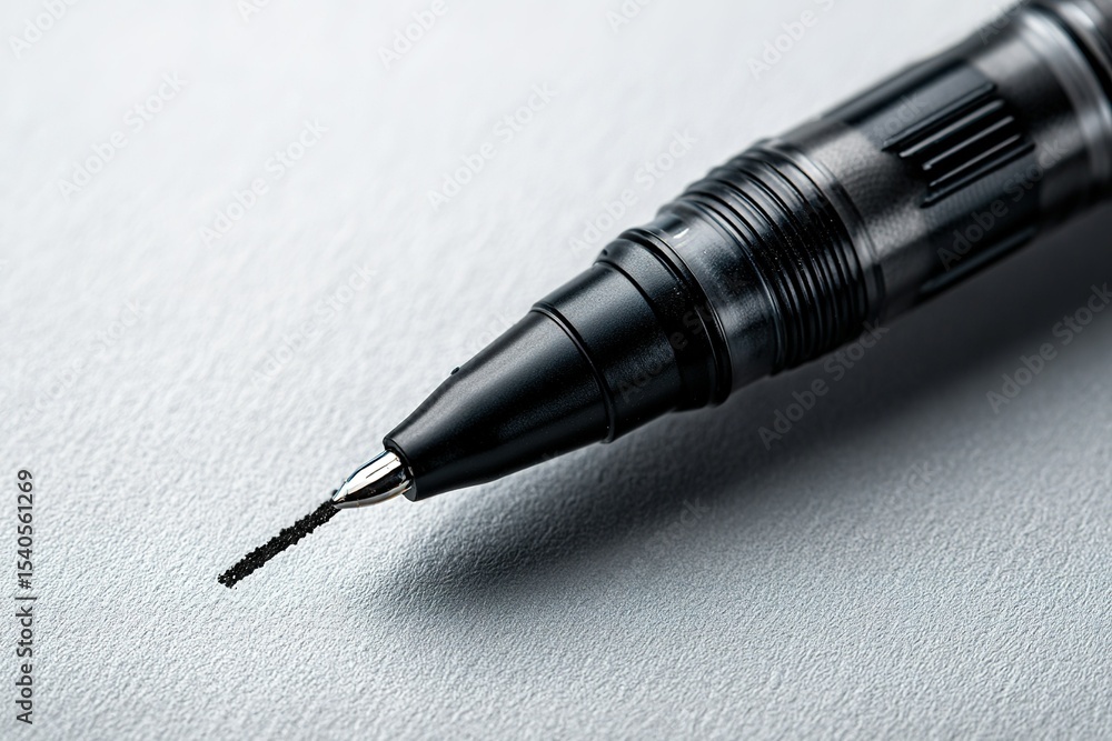 Poster close-up view of a black pen showcasing its fine tip and sleek design on a textured surface
