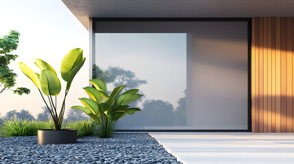 diseño de la entrada o fachada de una casa moderna y minimalista con plantas decorativas modernas y rescas 