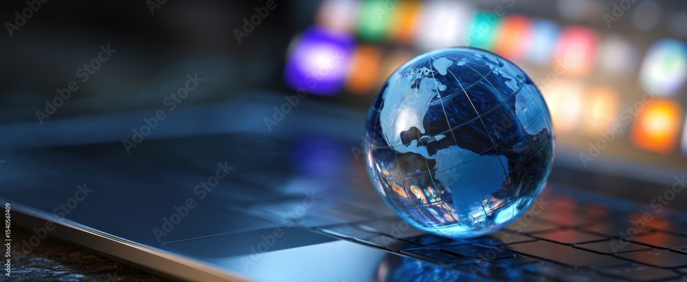 Aufkleber the globe reflecting technology on a laptop keyboard in a modern setting