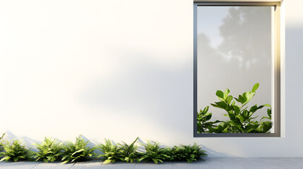 una fachada de una casa con un ventanal con plantas verdes decorando el exterior de la casa moderno y minimalista 