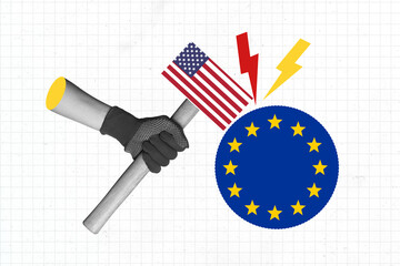 Creative composite sketch design collage of trade war economy crisis international market hand hold...