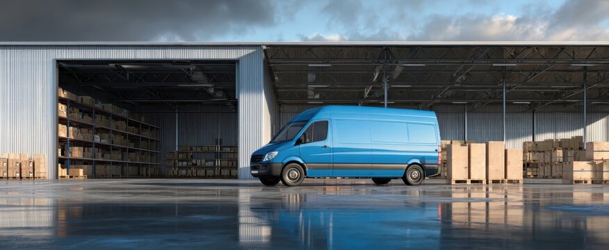 Fototapeta The blue delivery van parked in a modern industrial warehouse setting.