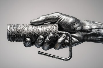 Artistically painted hand holds a paint roller, showcasing creativity in a minimalist setting