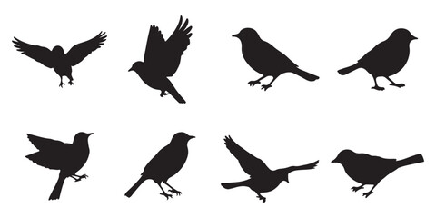Set of silhouettes of flying birds in a flat style on a white background. Elegant vector bird logo. 