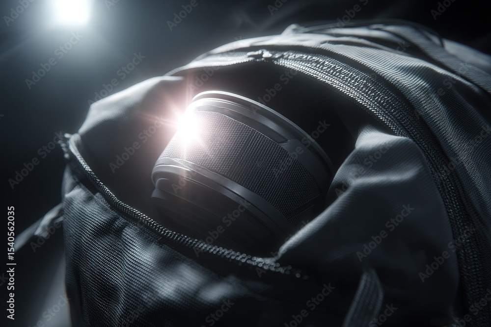 Aufkleber camera lens stored in a backpack with light reflections visible in a dim environment during a creati