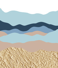Abstract Blue Toned Landscape with Kraft Paper Texture, Modern Collage Style