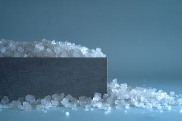 Salt crystals in a minimalist setting on a dark surface with blue background