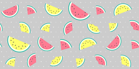 Different slices of red and yellow watermelon on a gray polka dot background. Cute endless texture with colorful summer fruit. Vector seamless pattern for wrapping paper, packaging, giftwrap, printing