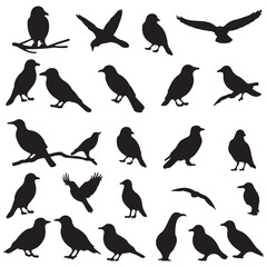 Set of black flying birds silhouettes. The silhouettes of birds on branches are depicted in a modern illustration featuring a starling, jay, sparrow, and titmouse sitting on a branched tree. 
