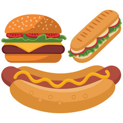 flat style fast food set with burger and hotdog isolated vector illustration