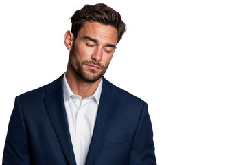 Man in a suit with eyes closed, appearing sad and defeated after being fired and jobless, isolated on transparent background