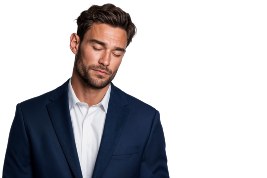 Man in a suit with eyes closed, appearing sad and defeated after being fired and jobless, isolated on transparent background - Powered by Adobe