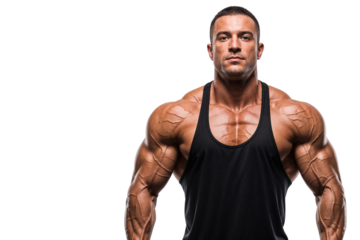 Muscular man in a black tank top, showcasing his chiseled physique and powerful presence, ideal for fitness and bodybuilding themes