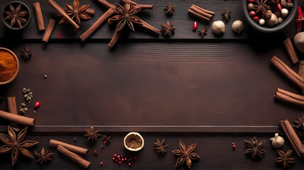 Flat lay frame of diverse spices on warm dark wood texture. Suitable for gourmet projects, moody editorial designs, or autumn-themed compositions