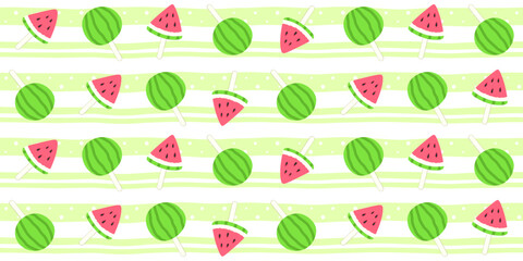 Green watermelon and its red slices on a stick on a soft striped background with dots. Fruit pieces. Summer endless texture with watermelon-shaped popsicles. Vector seamless pattern for wrapping paper