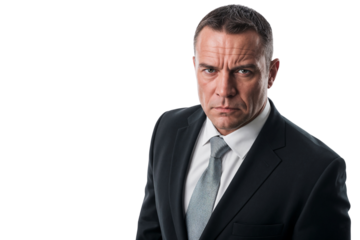 Focused businessman in a suit and tie, exuding authority and seriousness, Corporate and leadership concept