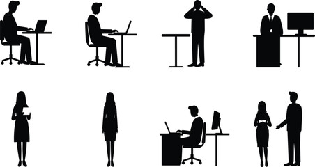 Silhouette vector illustration of office workers, sitting, working on computer, standing, using laptop, discussing, presenting, modern workspace, business concept