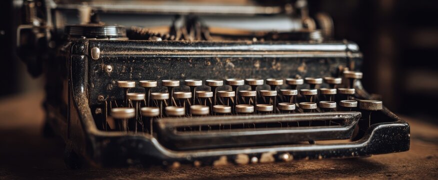 The vintage typewriter resting on a wooden surface, capturing rich history and nostalgia.