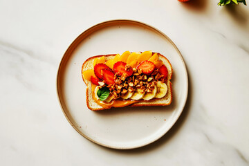 A colorful sandwich is prepared with layers of banana, strawberries, peaches, and granola, resting on a light plate in a warm kitchen ambiance