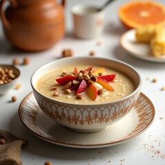 Here's a gourmet dessert and healthy breakfast dish: a rich chocolate mousse cake alongside pumpkin soup with dried fruits in a fresh white bowl.