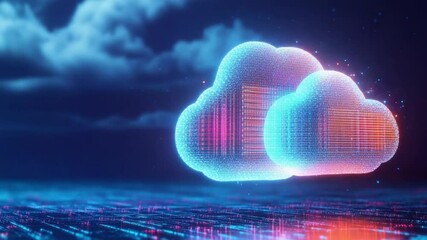 The interior of a large modern server room in a futuristic neon light D rendering of a cloud computing concept with data and abstract cloud icons in a virtual space over a dark server - Powered by Adobe