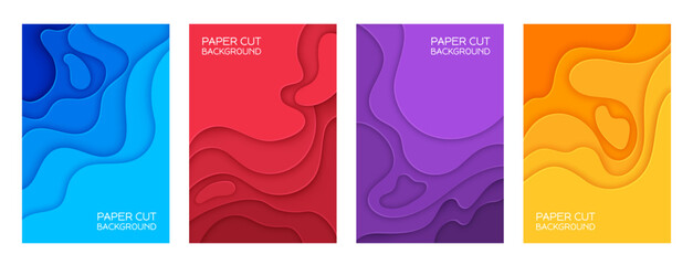 Color shape paper cut wave background posters. Vector 3d origami art craft abstract geometric pattern with wavy paper cut layers. Cutout blue, yellow, red and purple color wave shapes banners set
