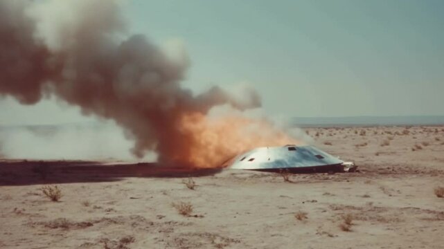 ufo space craft crashed into the desert, with smoke and fire, s found footage
