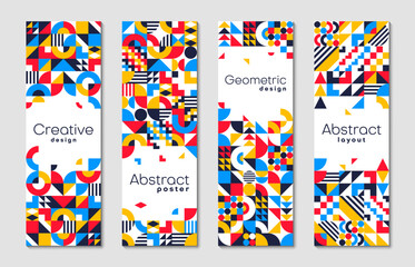 Obraz premium Abstract geometric banners with modern pattern and shapes. Retro vector covers, vertical backgrounds, layouts or flyer templates with minimal figures as circle, triangle, dot, line and square elements