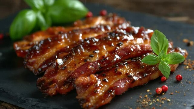 Savory bacon slices shine with smoky glaze, resting on a slate board with a dusting of ground spices, chili flakes, and fresh basil for an upscale food scene